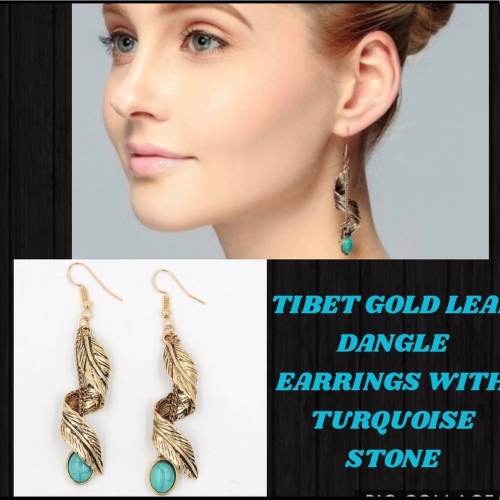 Gold Alloy Leaf Dangle Earrings With Artificial Turquoise Stone